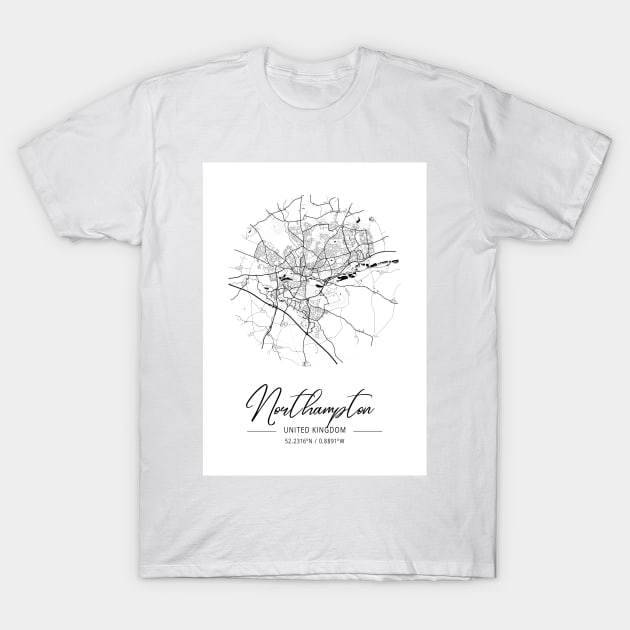 Northampton - United Kingdom Black Water City Map T-Shirt by tienstencil